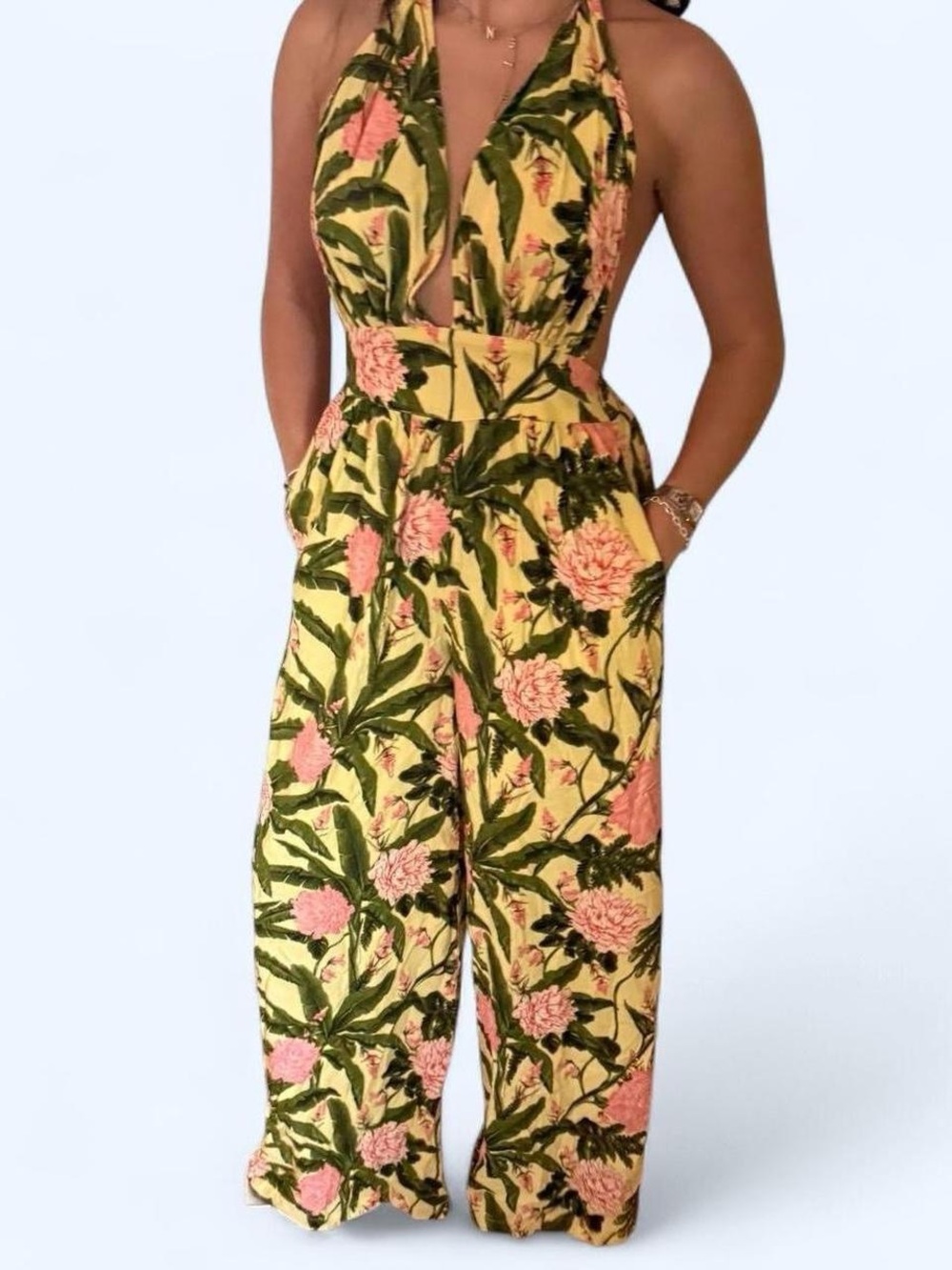 Agua Bendita Yellow Floral Halter Wide-Leg Jumpsuit